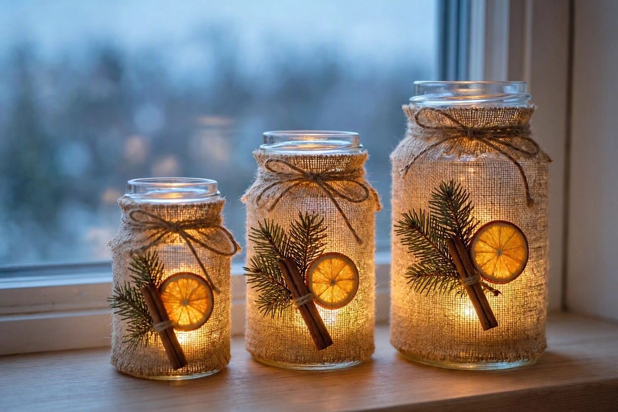 diy zimowy lampion ze słoika pokryty jutą